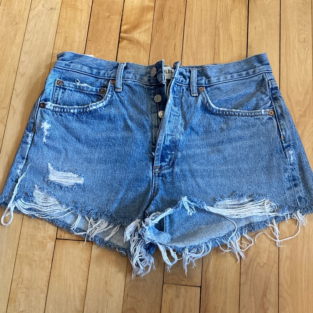 Agolde Medium Blue Ripped Jean Shorts